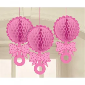 3 Pack Baby Shower Pink Honeycomb Rattles Hanging Decorations - 30cm x 16cm
