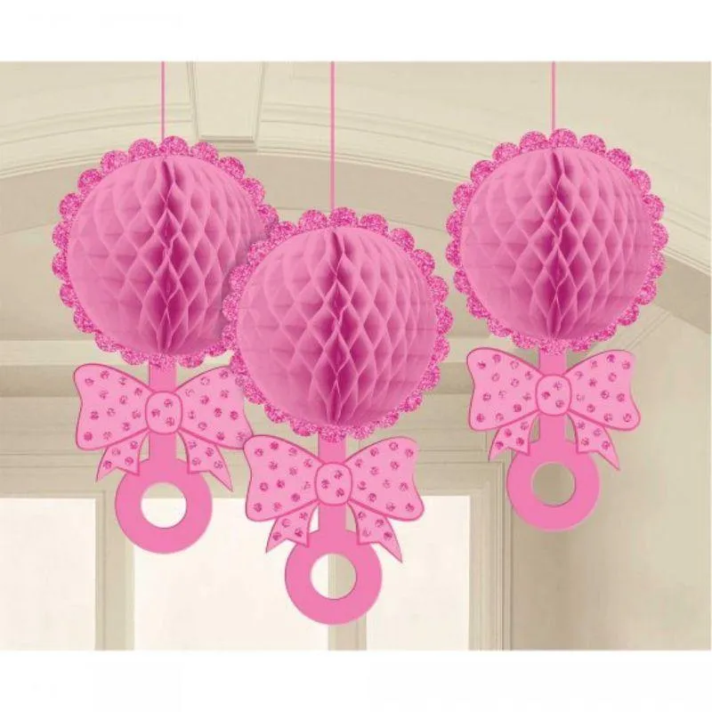 3 Pack Baby Shower Pink Honeycomb Rattles Hanging Decorations - 30cm x 16cm