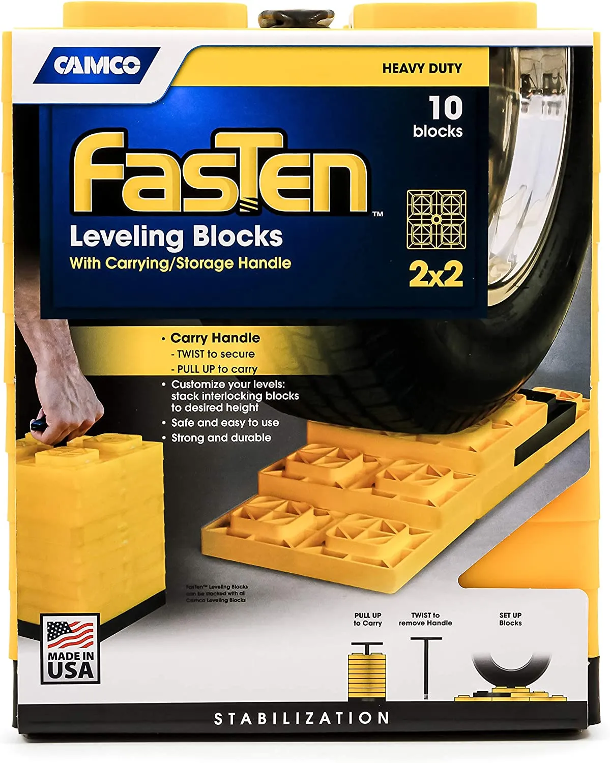 Camco 44512 FasTen Leveling Blocks - w / T-Handle,2x2,Yellow 10 pack