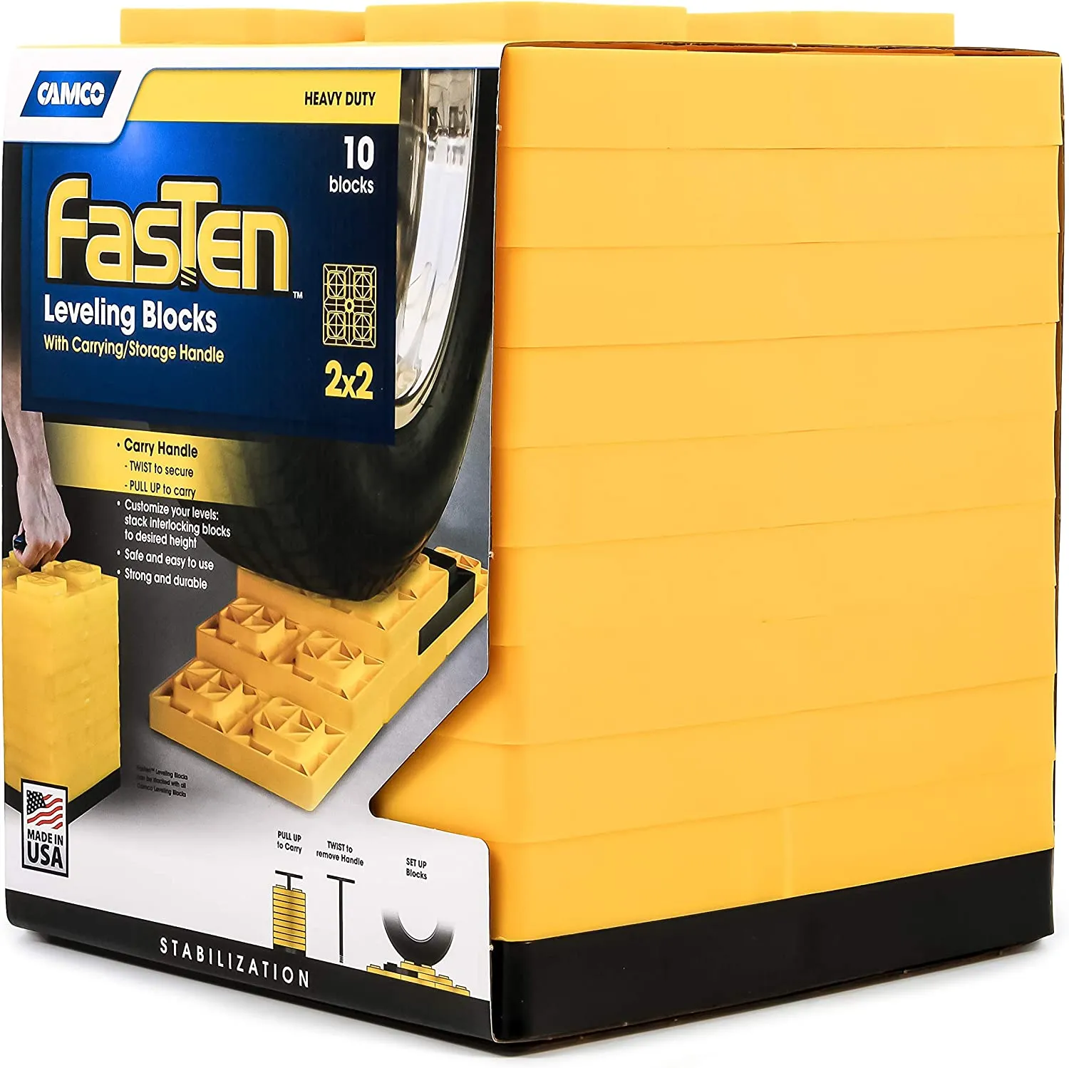 Camco 44512 FasTen Leveling Blocks - w / T-Handle,2x2,Yellow 10 pack