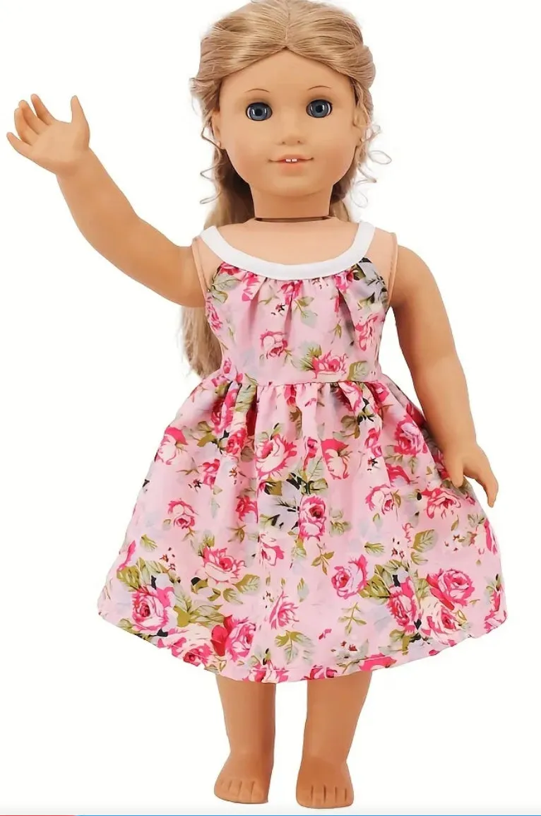 Cute One-Piece Pink Flower Print Dress Made to Fit Popular 18 Inch Dolls