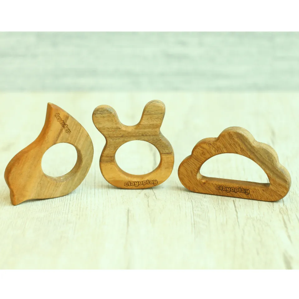 Earthytweens Neem Wood Teethers Set Of 3 (Bird Bunny Cloud)