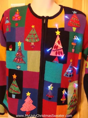 Light Up Christmas Sweater Colorblock Bling Trees