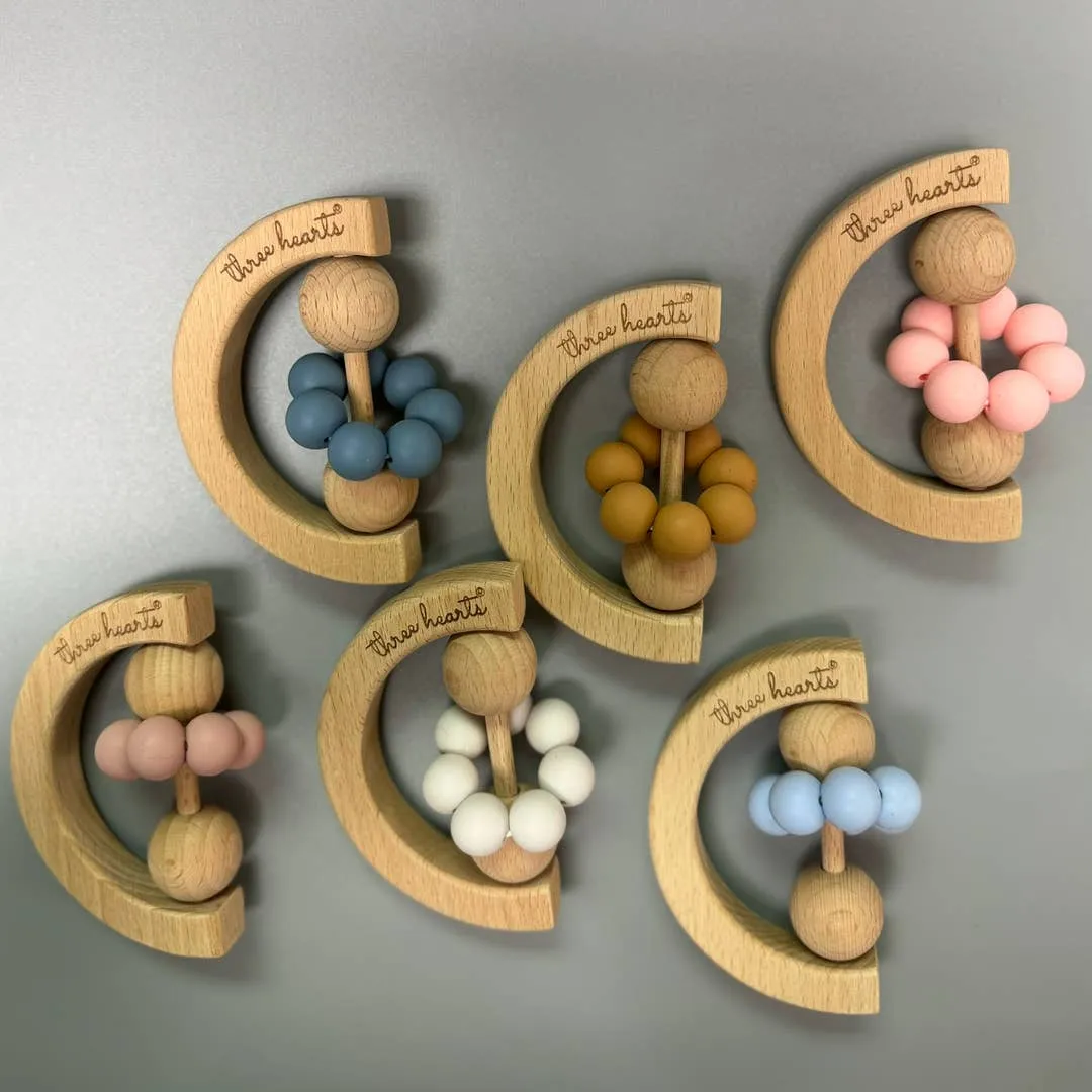 Moon Rattle - Beechwood & BPA Free Silicone - Various Colors