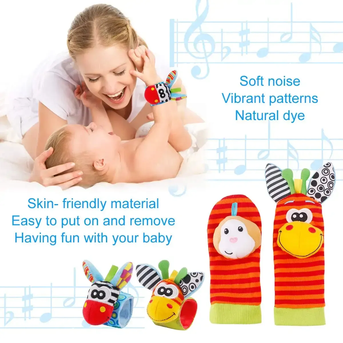 Soft Infant Wrist Or Sock Sensory Plush Animal Rattle Toys