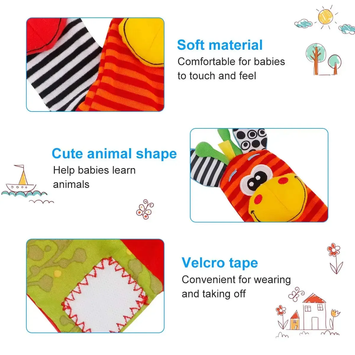 Soft Infant Wrist Or Sock Sensory Plush Animal Rattle Toys