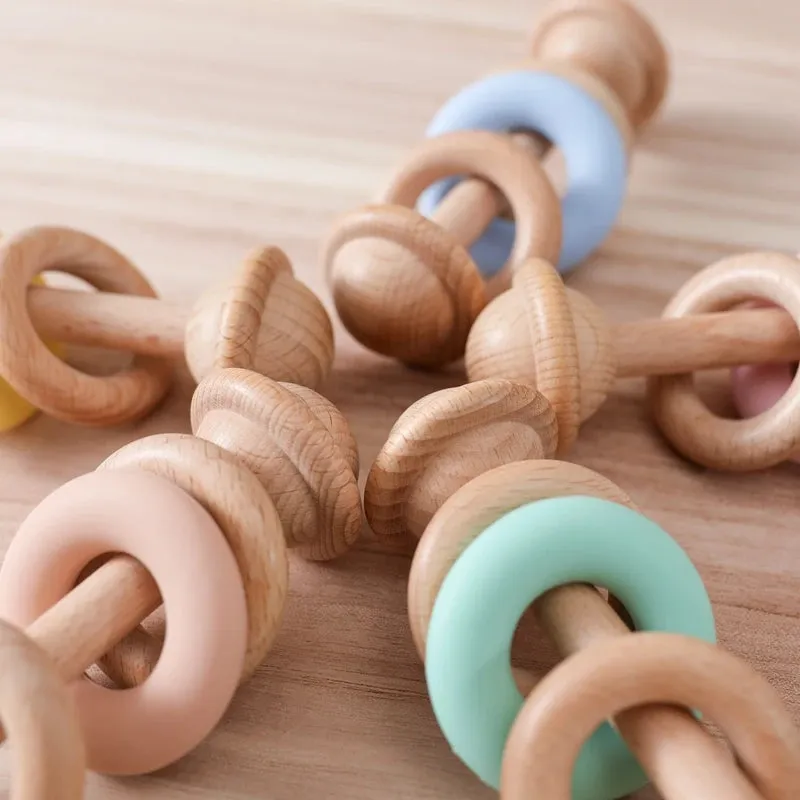 Wooden Baby Rattles with Silicone Rings