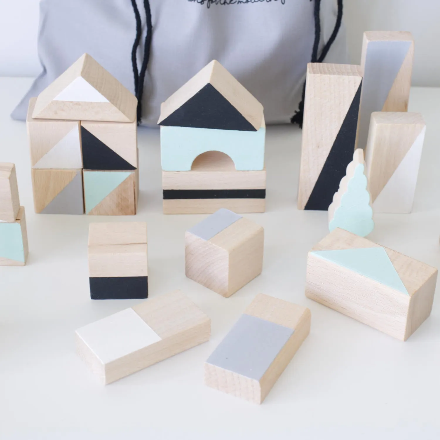 Wooden building blocks - Mint & monochrome